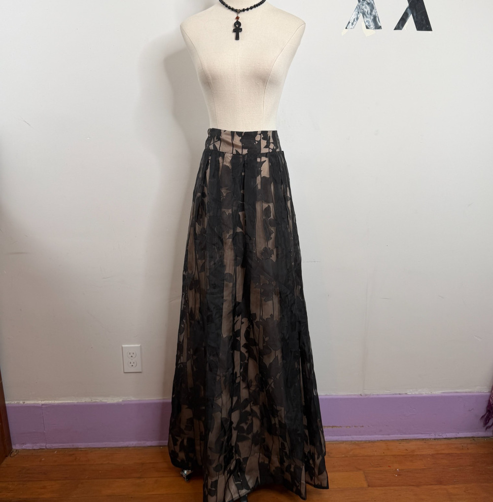 Sangria Dusty Rose Black Pleated Floral Sheer Formal Maxi Skirt Pockets NWT 8